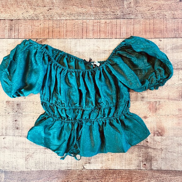 NSR Napean Sea Road Green Peplum Blouse Off Shoulder Puff Sleeve Small - Picture 8 of 12